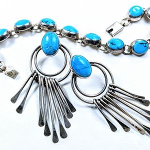 Incredible Vintage Sterling and Turquoise Taxco Earring and Bracelet Set